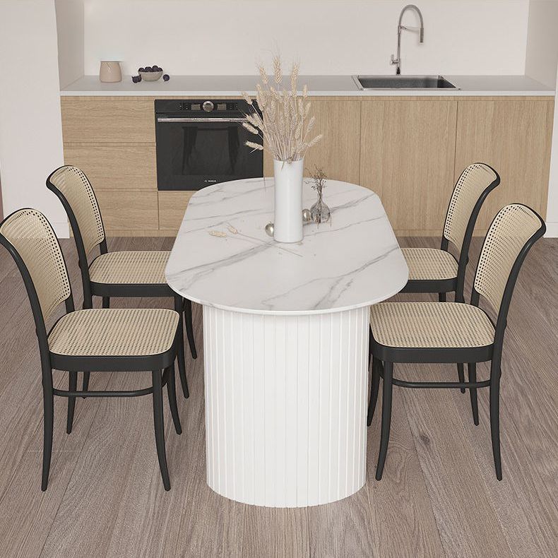 Free Form Sintered Stone Dining Table Modern White Furniture with Wood Double Pedestal