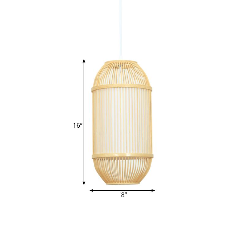 Oblong Shade Hanging Lamp Country Style Bamboo 1-Light Beige Ceiling Light Fixture for Bedroom