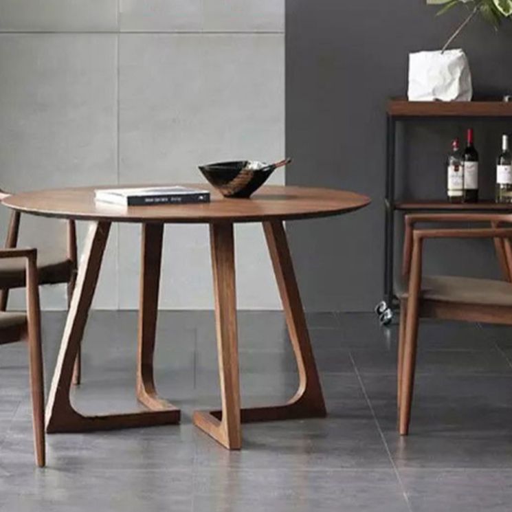 Modern Round Brown Rubberwood Dining Table with Double Pedestal