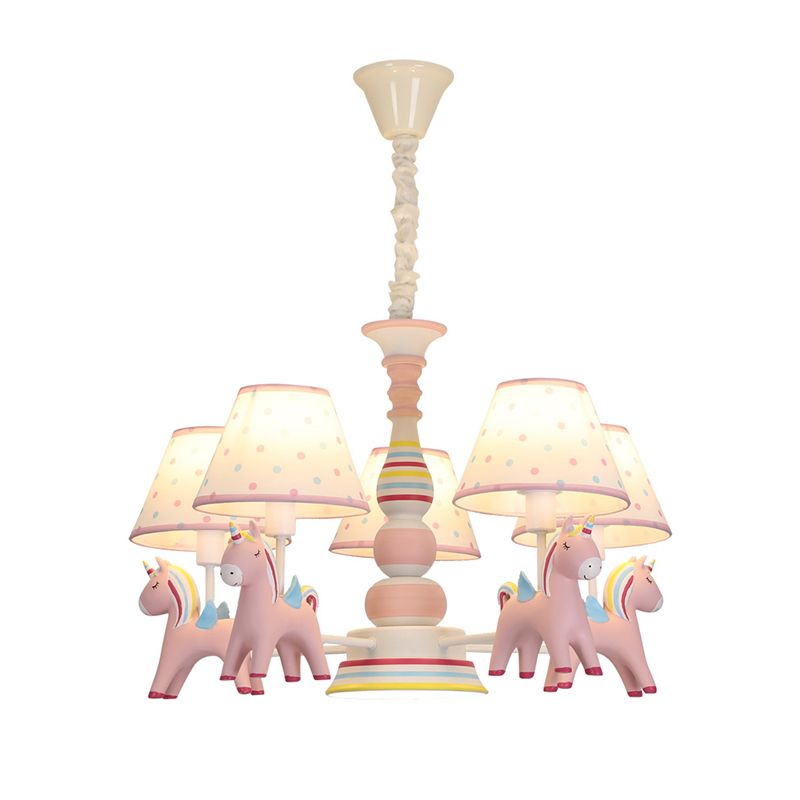 Resin Rainbow Unicorn Chandelier Lighting Cartoon Pink Pendant Light with Tapered Fabric Shade