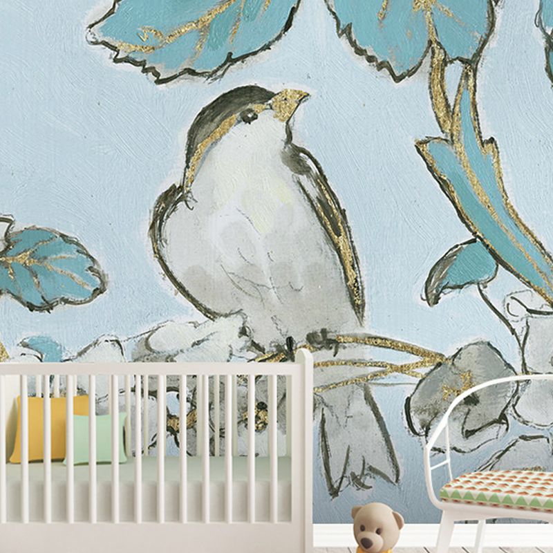 Full Size Sparrow Wall Art Green Non-Woven Fabric Wall Mural for Living Room Decoration, Custom-Made