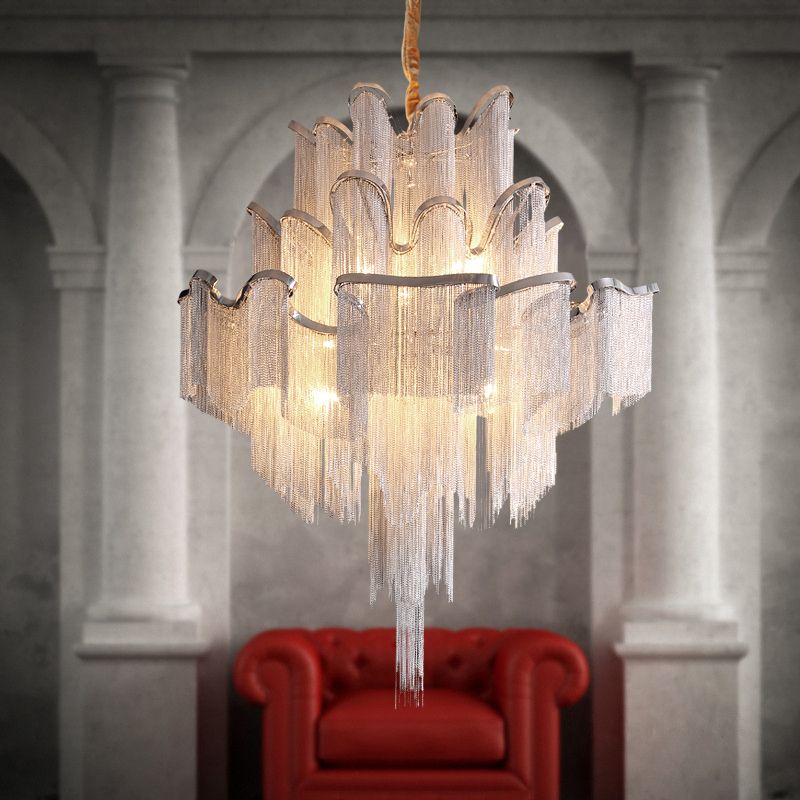 Silver Geometric LED Hanging Lamp Modern Style Tassel Indoor Ceiling Light with Aluminium Chain