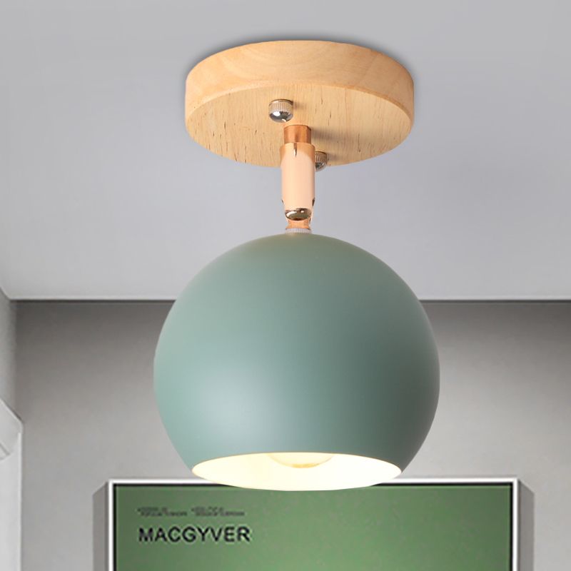 White/Green Ball Flush Mounted Light Simple 1-Bulb Adjustable Semi Ceiling Flush Mount with Round Wood Canopy