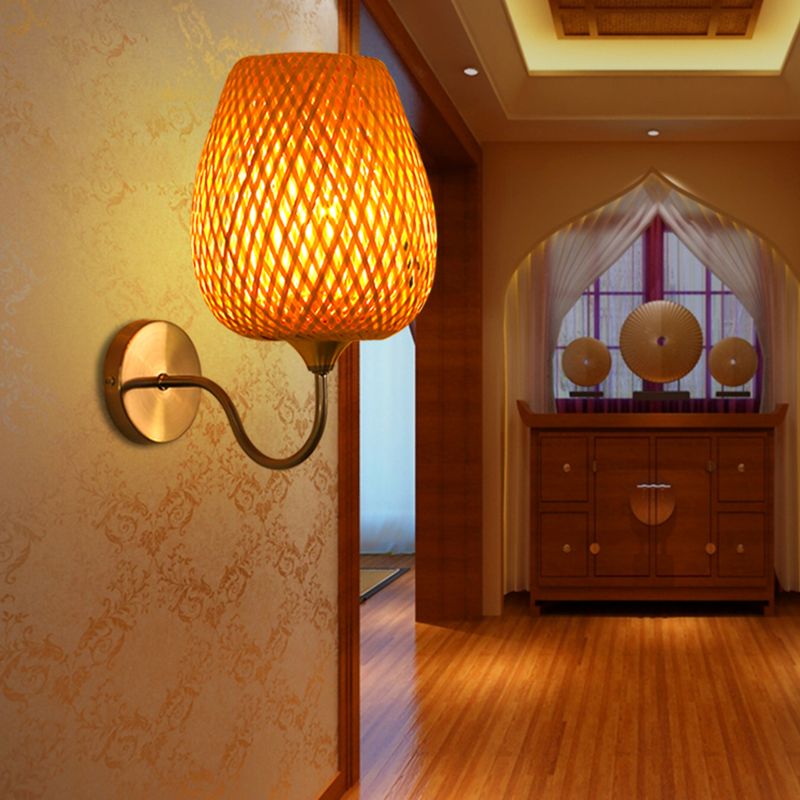 Cup Sconce Modernism Bamboo 1 Bulb Wood Wall Light Fixture with Curved Metal Arm