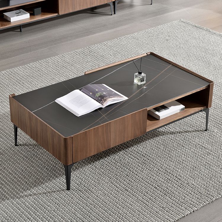 Rectangular Slate Top Coffee Table 4 Legs Cocktail Table with Storage