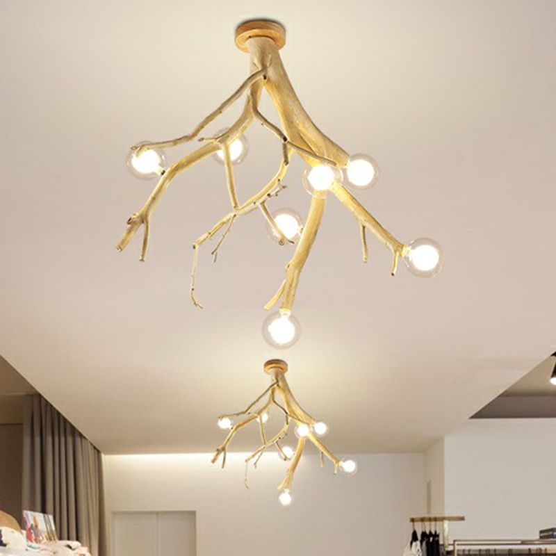 Wood Tree Branch Ceiling Light Japanese Style 8-Bulb Metal Semi Flush Mount Light for Dining Room