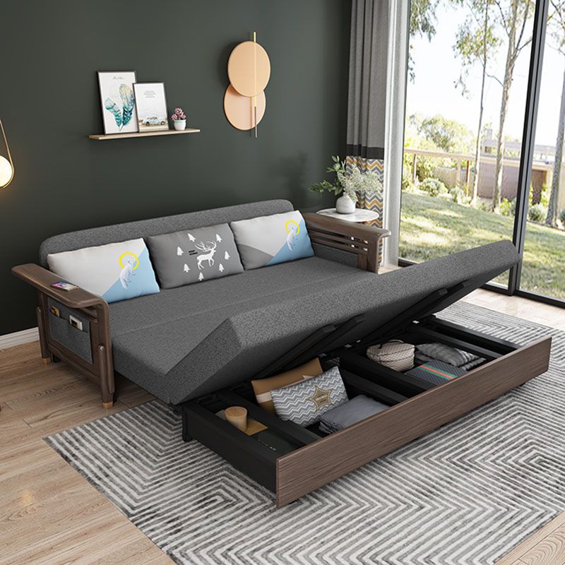 Fabric Sofa Bed with 3 Pillows Solid Wood Sofa in Walnut Finish