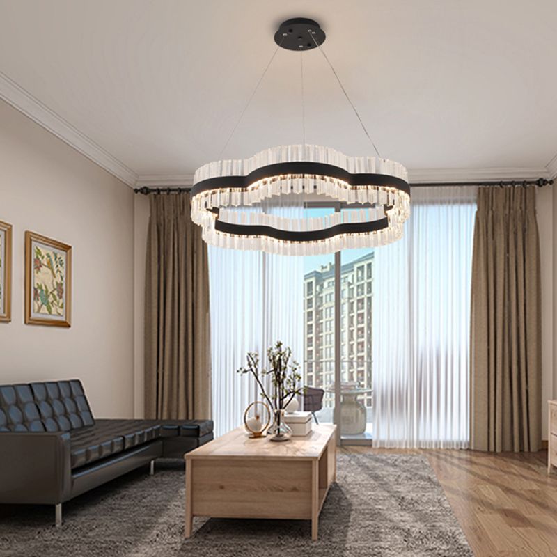 1/2 Tiers Flower Living Room Ceiling Chandelier Crystal 23.5"/31.5" Wide Led Minimalist Hanging Light Kit in Black/Gold