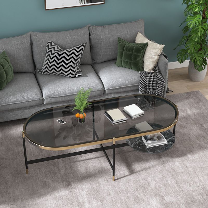17.7" Tall Modern Metal Cross Leg Base Glass Oval Coffee Table with Shelf