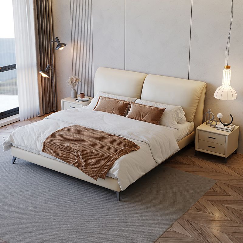 Contemporary Genuine Leather Bed Frame Beige Standard Bed with Metal Legs