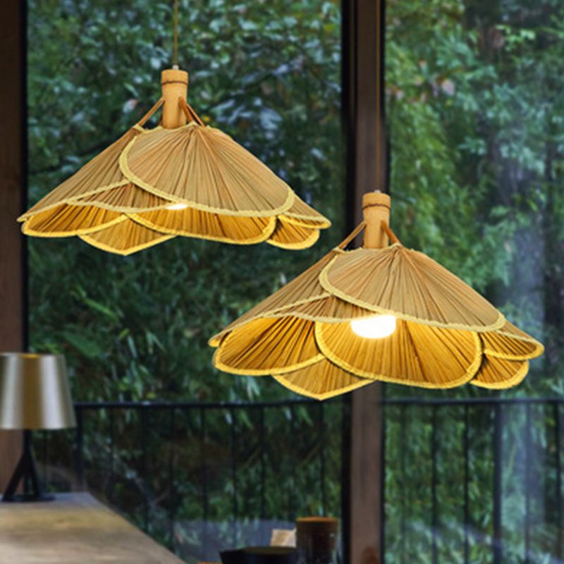 Cattail Fan Bamboo Pendant Light Chinese Style 1-Light Wood Suspension Lighting for Foyer