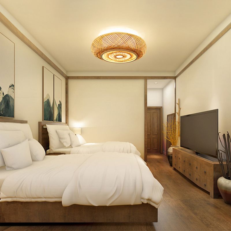 Lámpara de techo de madera de estilo asiático, luz de montaje empotrado de bambú tejida a mano, para salón de té