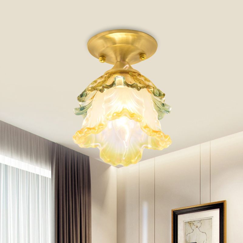 1-Head Flower Ceiling Lamp Retro Style Gold Ruffle Glass Semi Flush Mount Lighting for Hallway