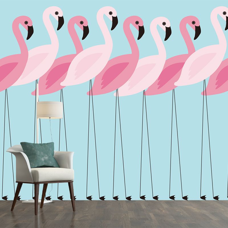 Pink Flamingo Wall Paper Murals Animal Tropix Waterproof Wall Covering on Blue for Home