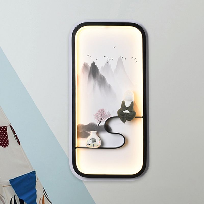 Ink Painting Mountain Mural Lamp Chinese Ceramic Black LED Wall Lighting Fixture