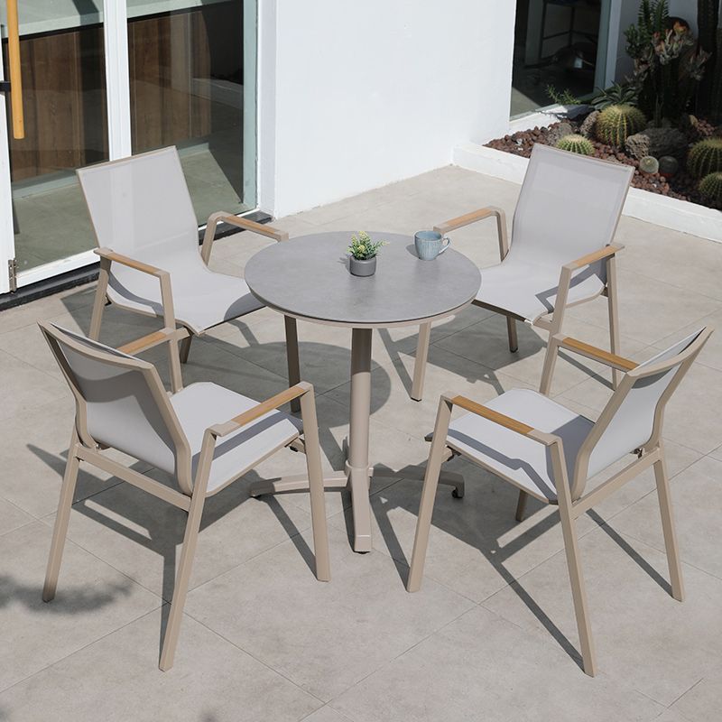 Contemporary Patio Dining Side Chair in Beige Aluminum with Fabric Back