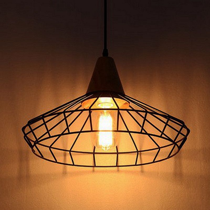 Wrought Iron Black Hanging Light in Industrial Vintage Style Wooden Single Pendant Light with Iron Frame