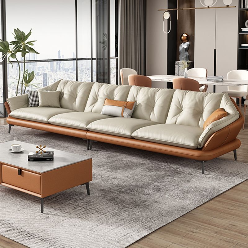 Tufted Genuine Leather Sectionals Flared Arm Beige Cushions Sectional Sofa