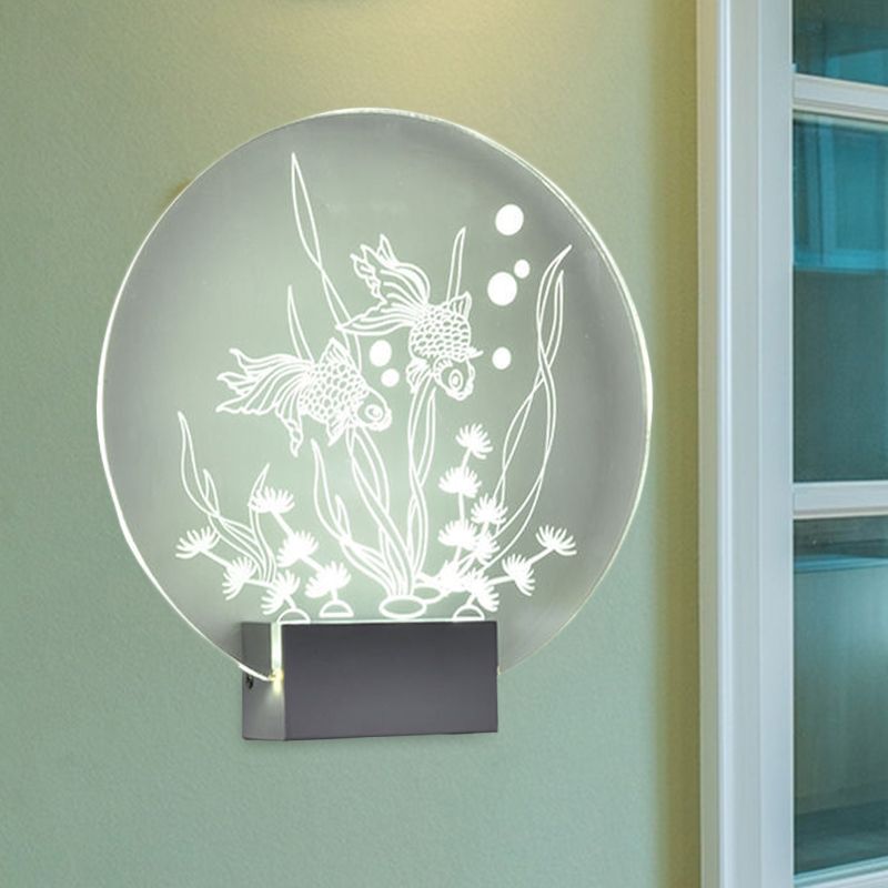 Clear Rounded Fish and Coral Wall Mural Light Asia Style LED Acrylic Wall Lamp for Bedroom
