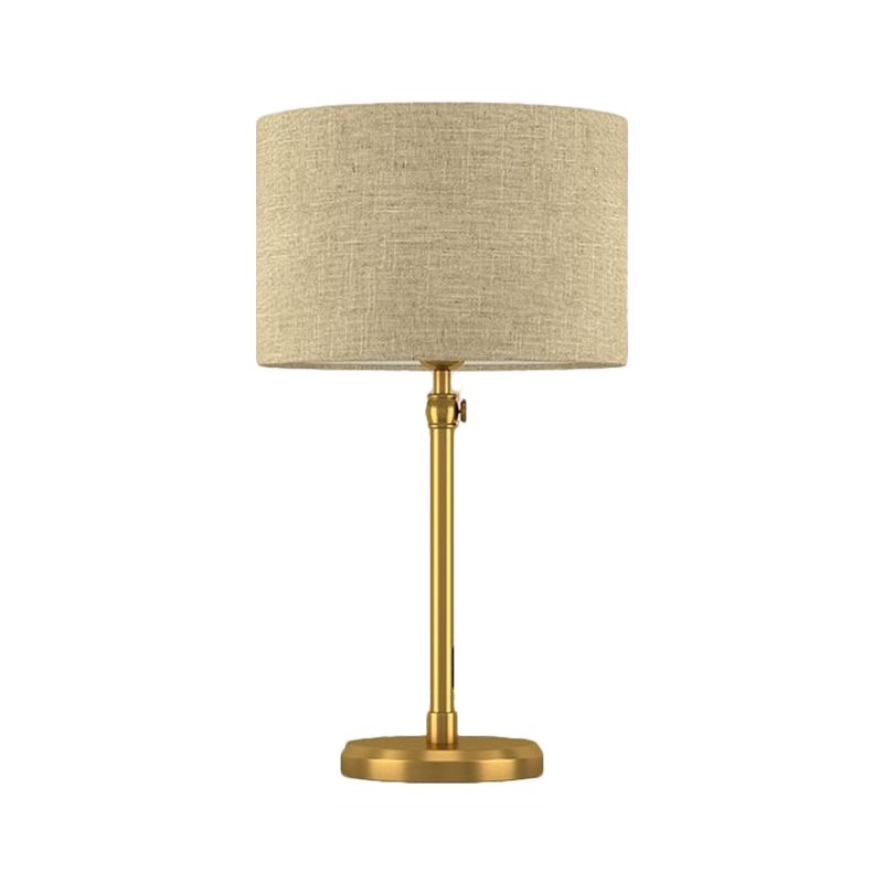 Illuminazione da lettura a cilindro in tessuto stile retrò con luce da comodino a testa singola dorata per soggiorno