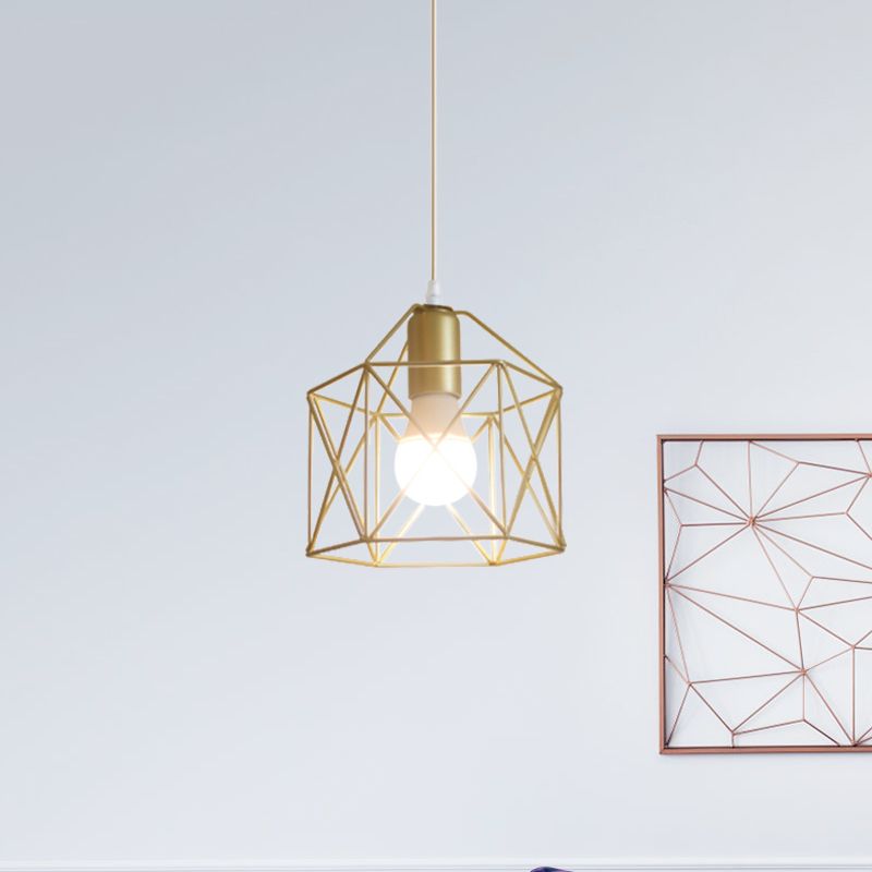 1 Bulb Metal Pendant Light Loft Style Gold Finish Globe/Hexagon Cage Shade Dining Room Hanging Lamp