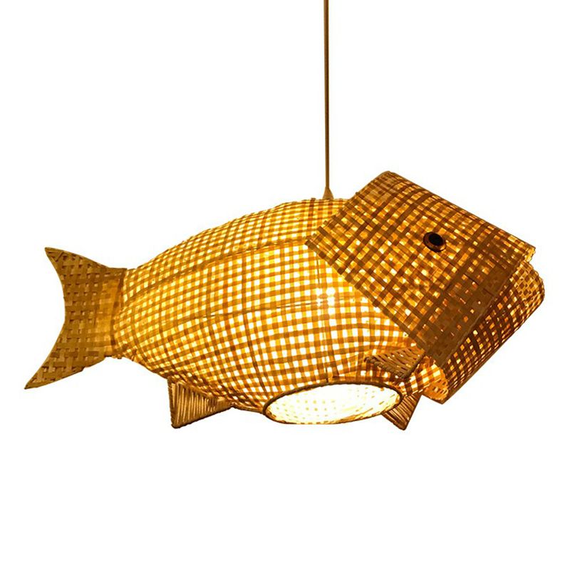 Bamboo Woven Fish Shaped Pendant Ceiling Light Asian 1-Bulb Beige Suspension Lighting for Restaurant