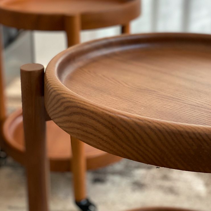 Scandinavian Round Tray Top Side Table 21.6-inch Wood End Table with Shelf and Wheel