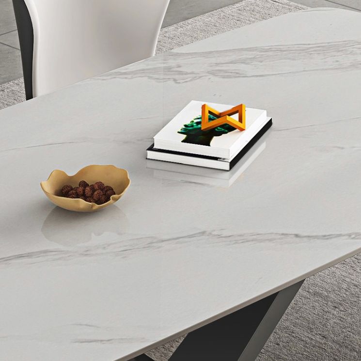 White Stone Top Dining Table Rectangular Tabletop with Metal Pedestal Base