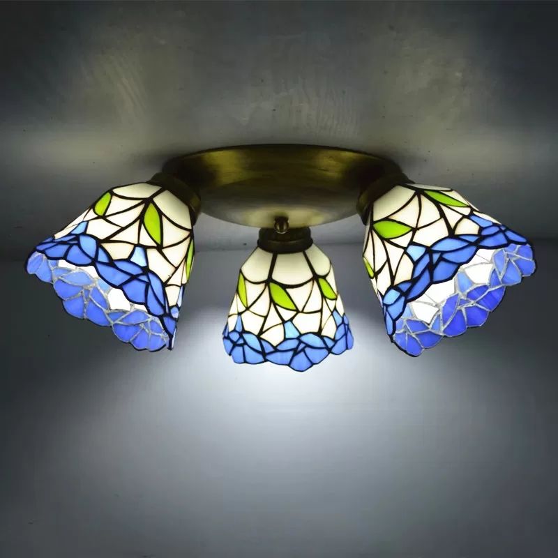 3 Heads Ceiling Flush Light Fixture Tiffany Small Stained Glass Flush Mount Lighting for Hall