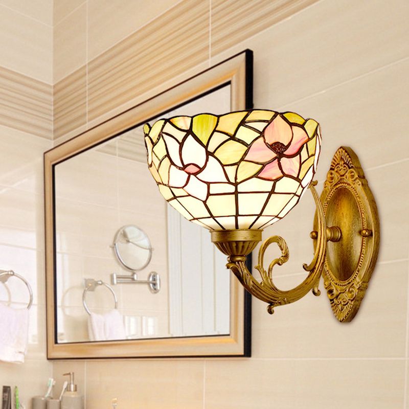 Cut Glass Dome Wall Mount Light Mediterranean 1-Bulb Gold Finish Flower Patterned Wall Lamp with Curved Arm