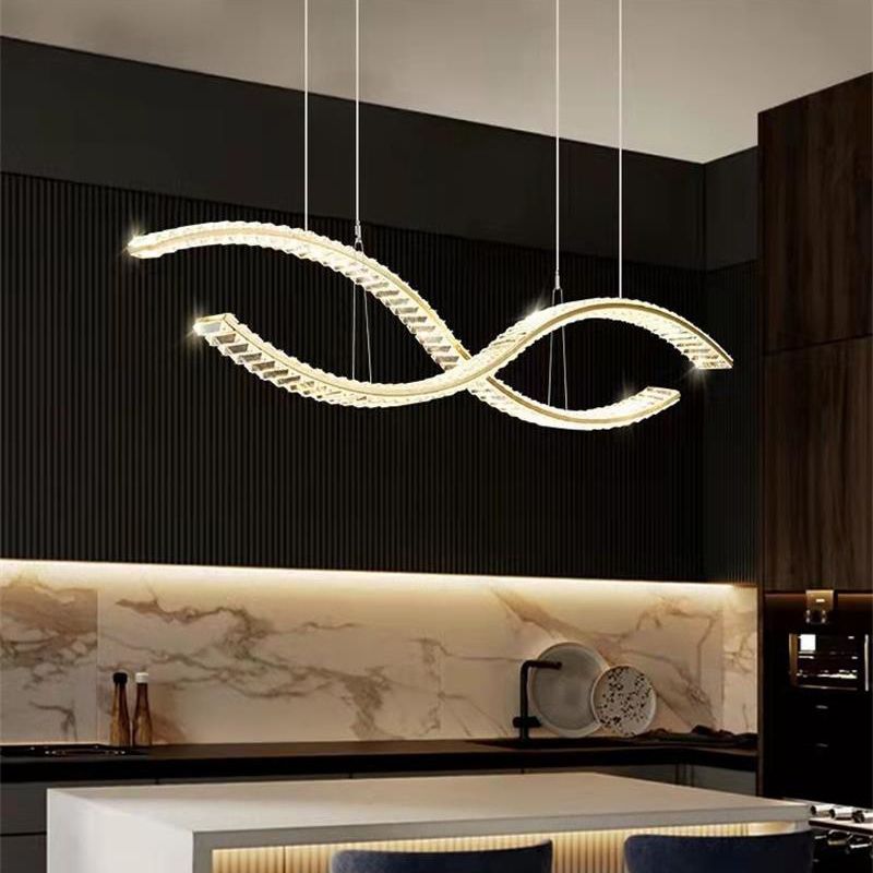 Modern LED Island Light Gold Wavy Crystal Suspension Light for Dining Room