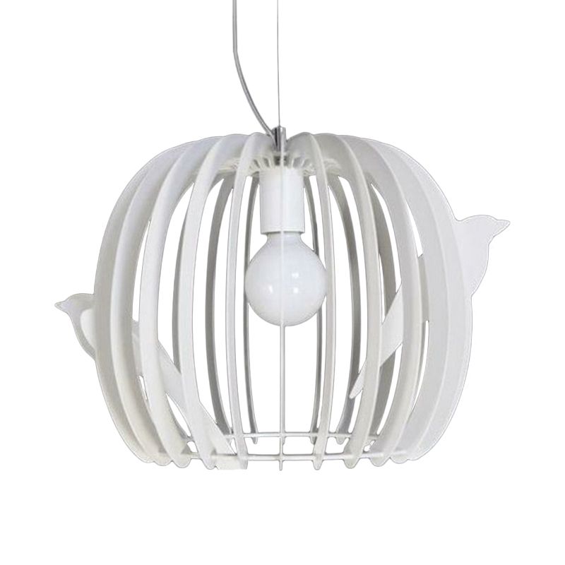Drum Shaped Birdcage Pendant Lamp Modern Iron 1 Bulb Dinette Hanging Ceiling Light in White with Bird Decor