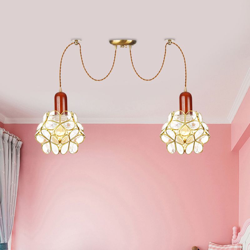 2/3/4-Head Clear Water Glass Pendant Light Traditional Gold Flower Bedroom Swag Multiple Hanging Lamp
