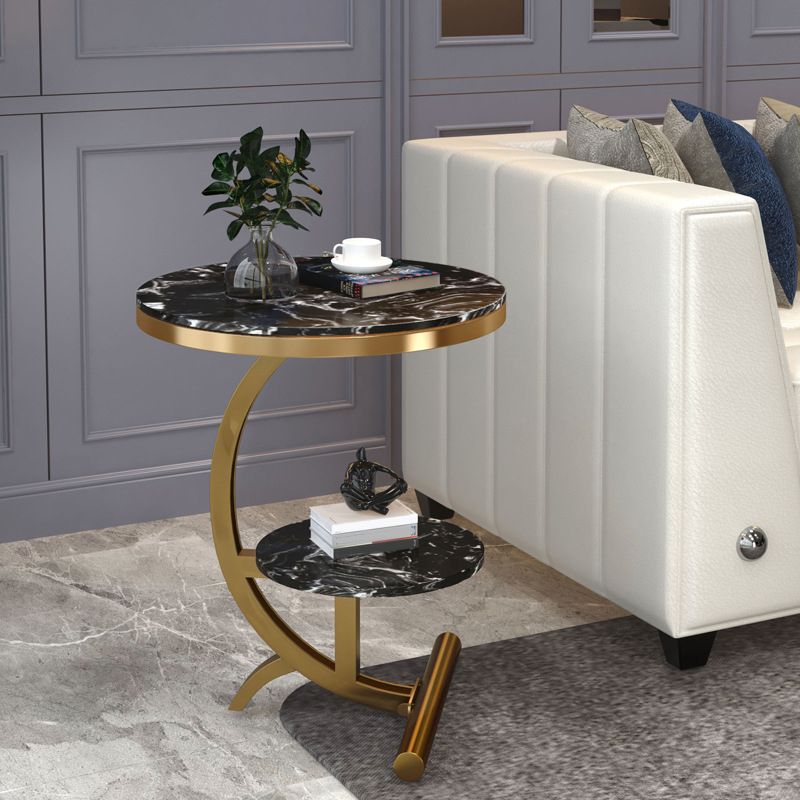 23.6" Tall Metal C Side Table Modern Round Black/White Marble End Table