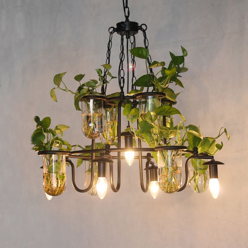 Restaurant de bougie lampe de lustre Iron industriel 5 ampoules Black Hanging Lightture avec tasse de plantes