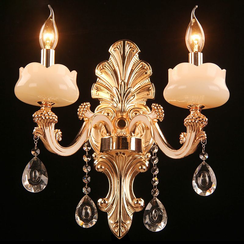 Faux Jade Kerze Wandleuchte traditionelle 2-Licht-Schlafzimmer Wandlampe mit Kristall-Deco in Gold