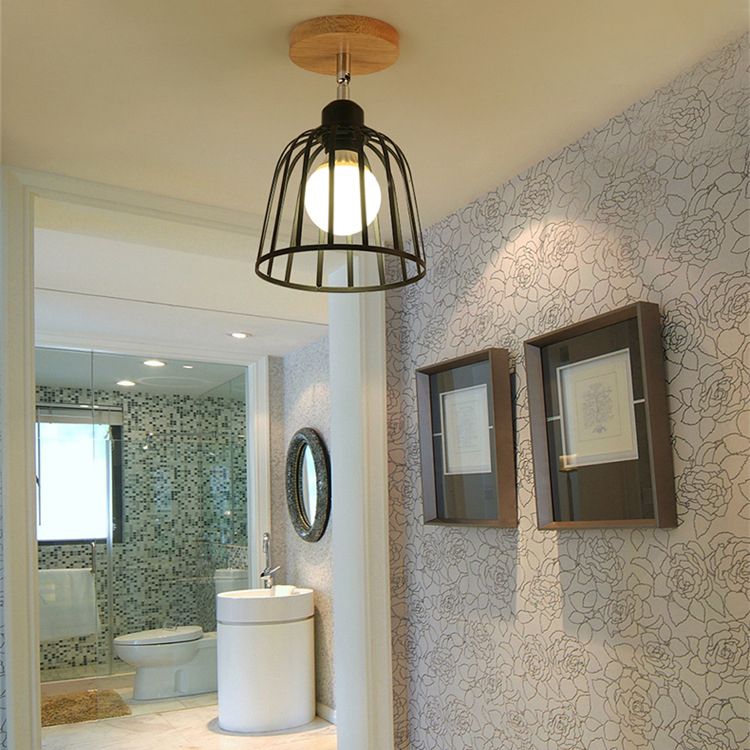 1 Light Adjustable Squared/Globe Ceiling Mounted Light with Cage Shade Industrial Black Metal Semi Flush Light for Corridor