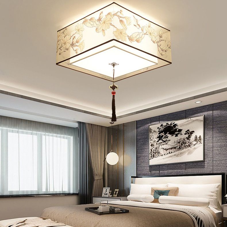 16" Wide 4 Lights Flush Mount Traditional Fabric Flush Ceiling Light in White for Bedroom