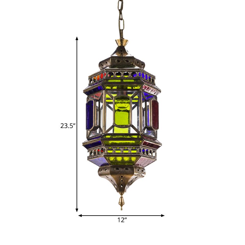 3-Bulb Hanging Lighting Art Deco Castle Shape Colorful Glass Chandelier Pendant Lamp in Brass