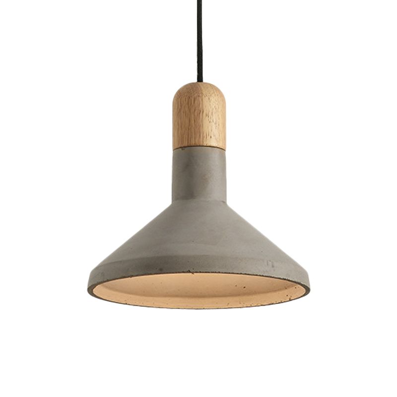 Vintage Style Flared Pendant Light Kit 1 Head Cement Hanging Ceiling Lamp in Grey and Wood
