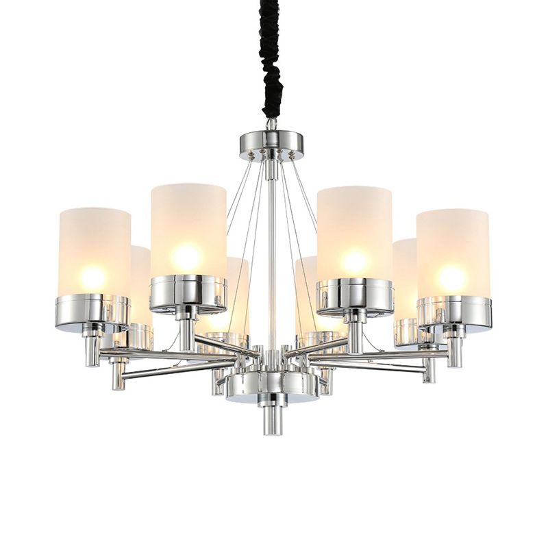 8 Heads Cylinder Hanging Chandelier Modernist Frosted Glass Pendant Light Fixture in Chrome