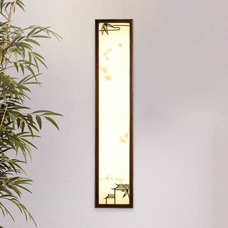 Acrylic Rectangle Mural Light Flush Mount Asian Brown LED Wall Light Sconce with Bamboo and House Pattern