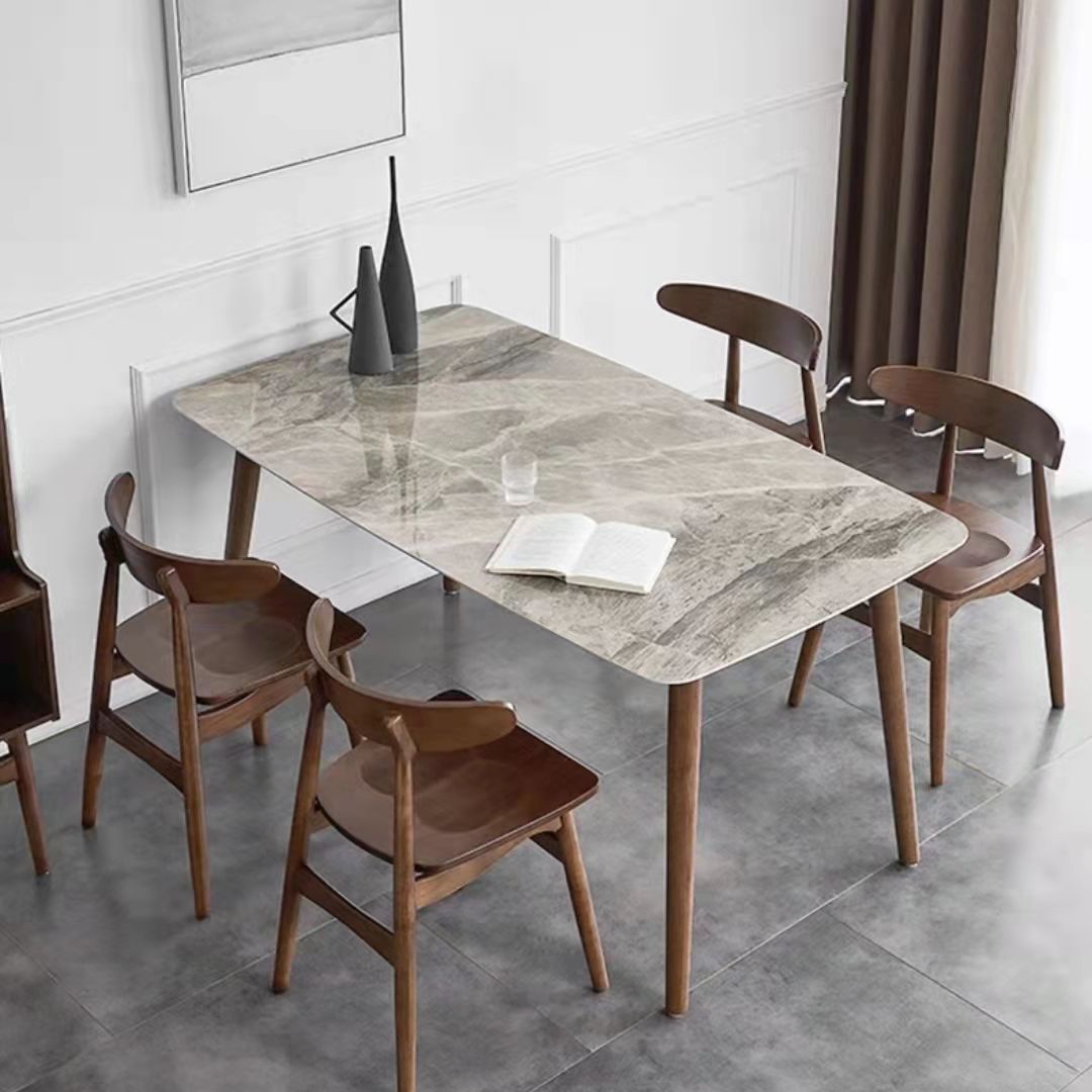 Glossy Gray Stone Top Dinette Table with Wooden Frame Mid-Century Dining Table for Home