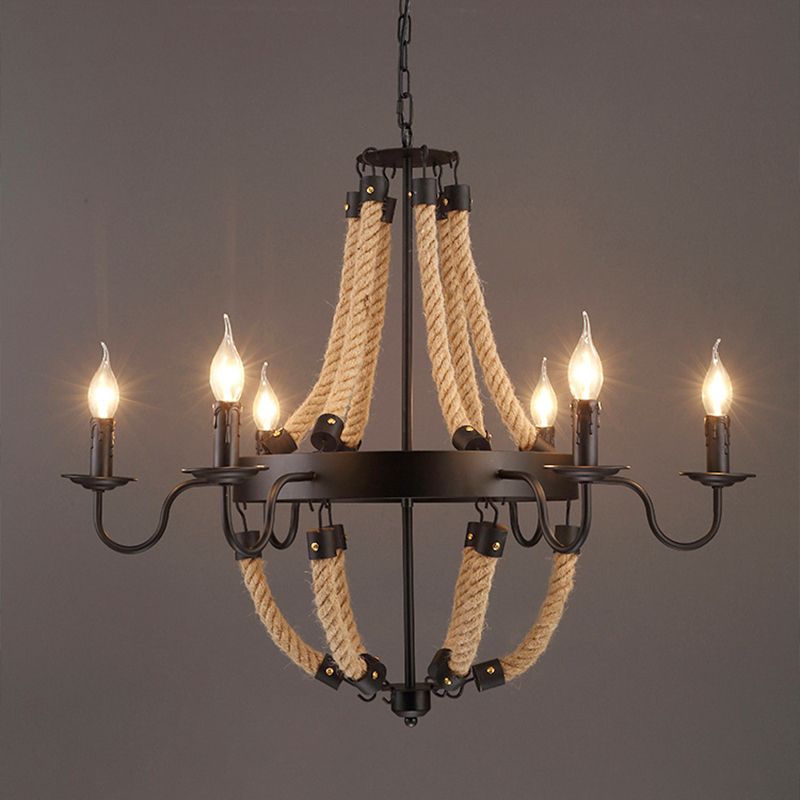 Loft Style Candelabrum Chandelier 8 Bulbs Hemp Rope Hanging Lamp in Black for Living Room