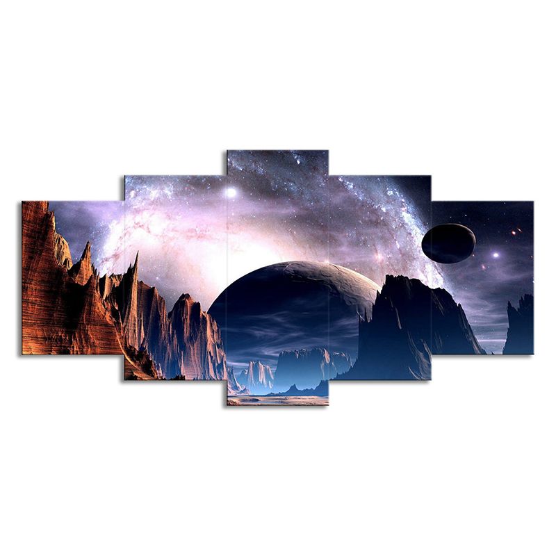 Planet and Mountain Landscape Canvas Purple Sci-Fi Wall Art for House Interior