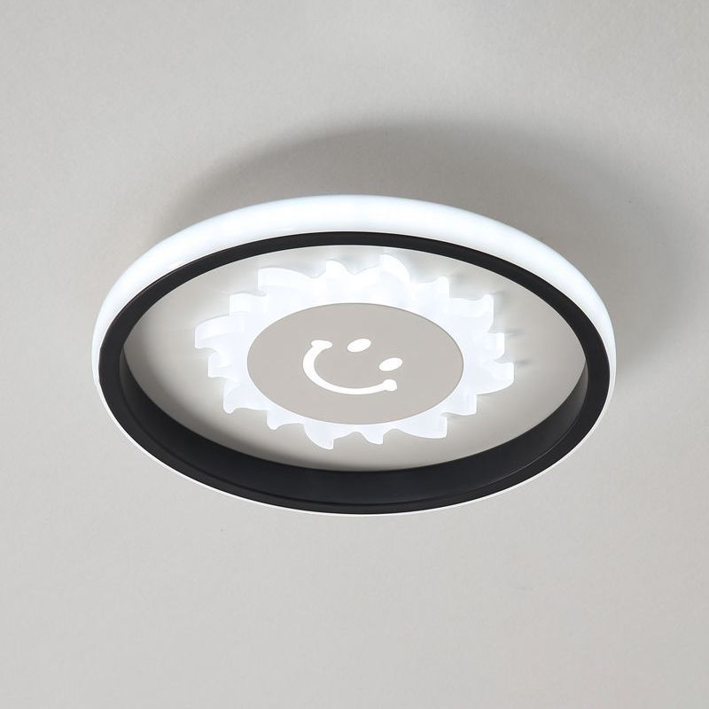 Circular LED Flush Light Fixture Cartoon Acrylic Black Ceiling Mount Lamp with Smile/Anchor/Panda Pattern