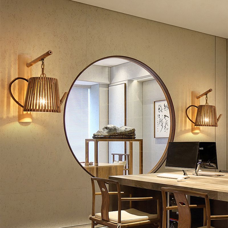 Holzzylinder/Haus/Teekannen Wandlampe Tradition Bambus 1 Glühbirnenleuchte mit gebogenem/Halbzylinderarm