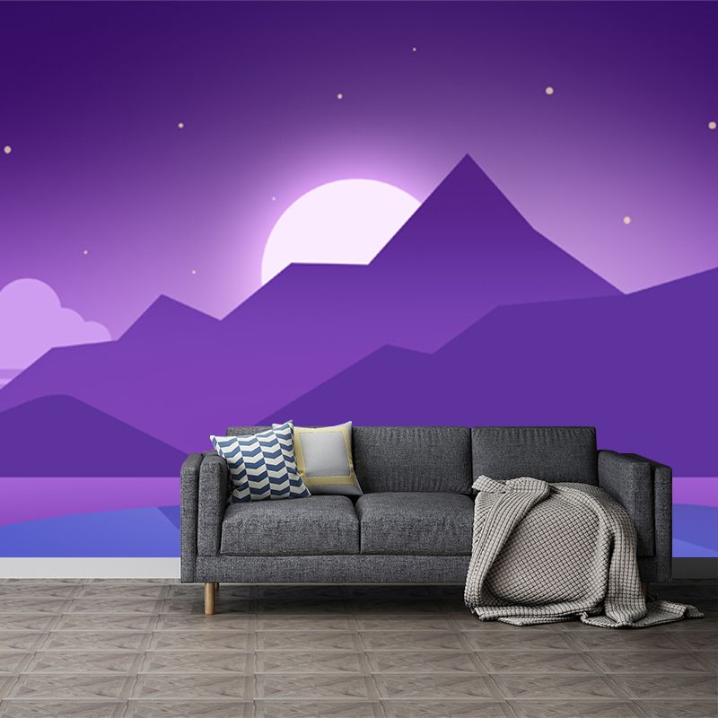 Full-Size Artistic Mural Wallpaper in Purple Riverside Mountain with Rising Moon Pattern Wall Decor, Custom Made