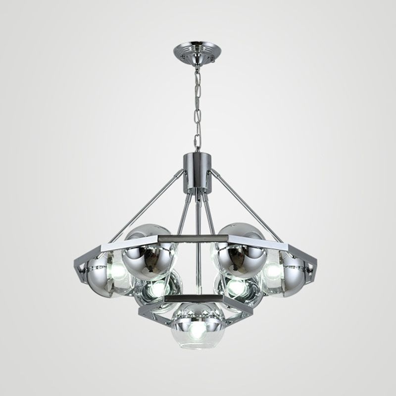 7 lampadine soggiorno sospeso leggero lampadario moderno a soffitto argento con sfera a sfera a 2 strati.