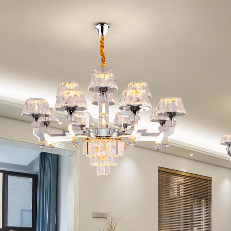 12 Heads Chandelier Lamp Minimalism Living Room Pendant with Conical Crystal Shade in Chrome